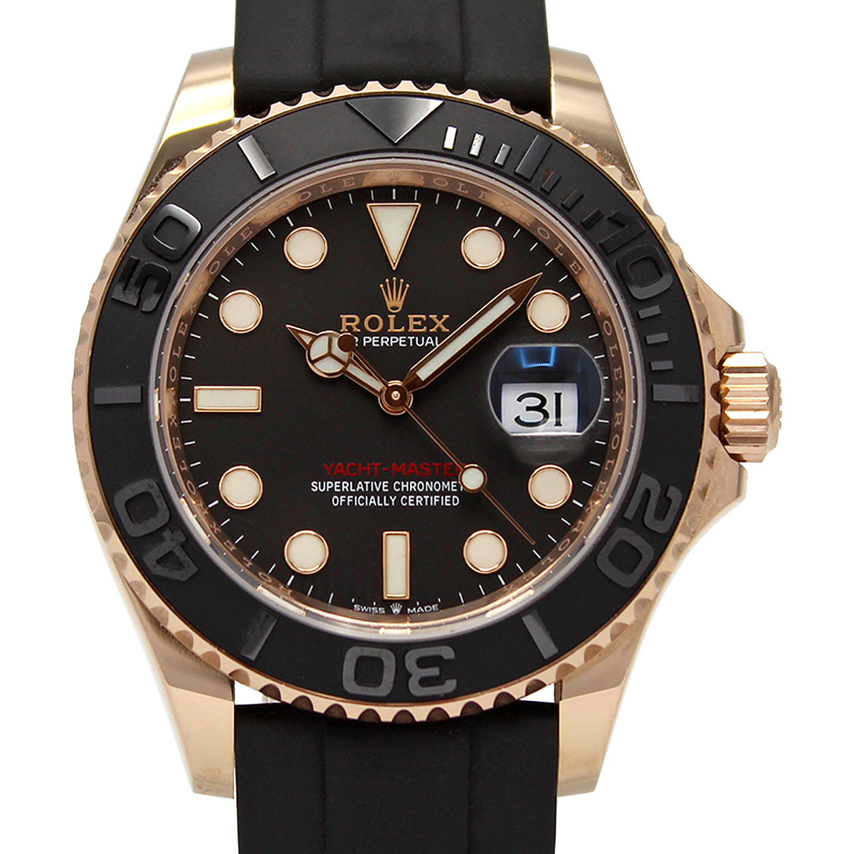 Rolex Yacht-Master 40 126655 with an Oysterflex rubber strap, featuring an Everose gold case and a striking black dial,