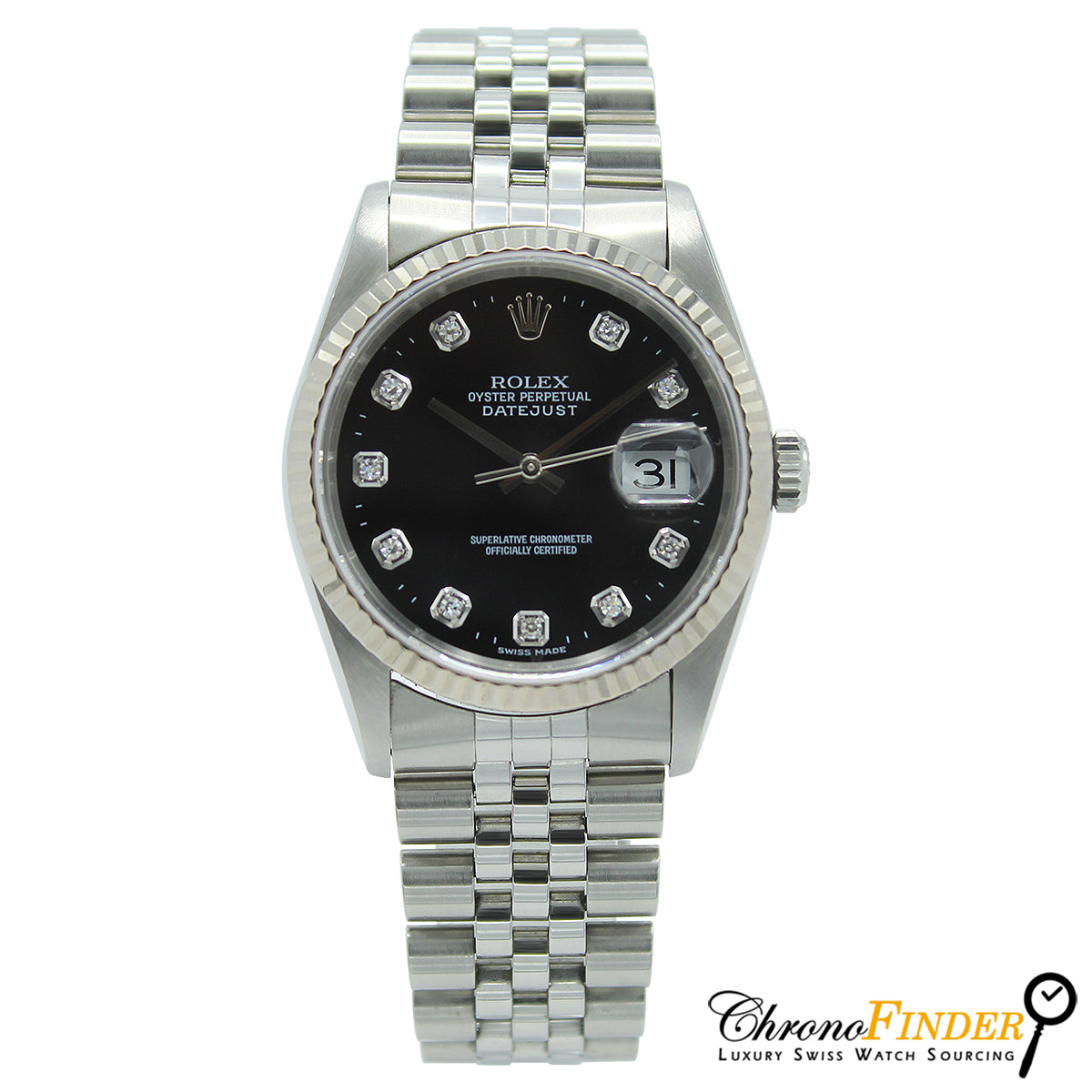 Rolex Datejust 36mm 16234 Black Diamond Dial Stainless Steel Watch 